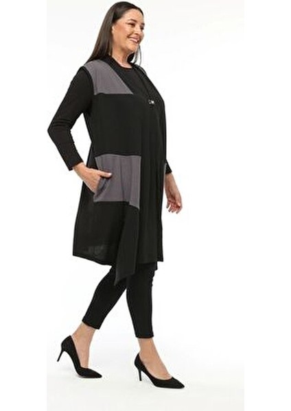 Büyük Beden Kadın Baharlık Yazlık Anne Yüksek Kalite Örme Uzun Asimetrik Siyah Yelek modelleri