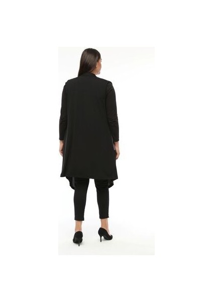 Büyük Beden Kadın Baharlık Yazlık Anne Yüksek Kalite Örme Uzun Asimetrik Siyah Yelek