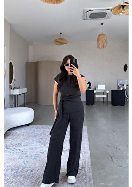 Kadın Sienna Bağlama Detaylı Krinkıl Kumaş Bluz Pantolon Takım