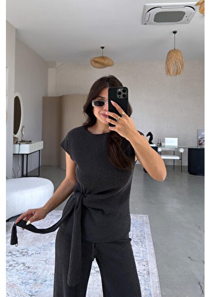 Kadın Sienna Bağlama Detaylı Krinkıl Kumaş Bluz Pantolon Takım