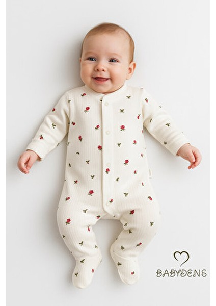 Çiçek Desenli Ribanalı Patikli Bebek Tulum Yenidoğan Için Rahat Çıtçıtlı Tulum Fitilli %100 Pamuklu