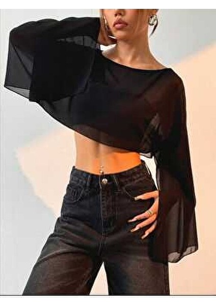 Kadın Yarasa Kollu Dökümlü Geniş Tarz Crop Tül Bluz