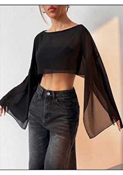 Kadın Yarasa Kollu Dökümlü Geniş Tarz Crop Tül Bluz fiyatları