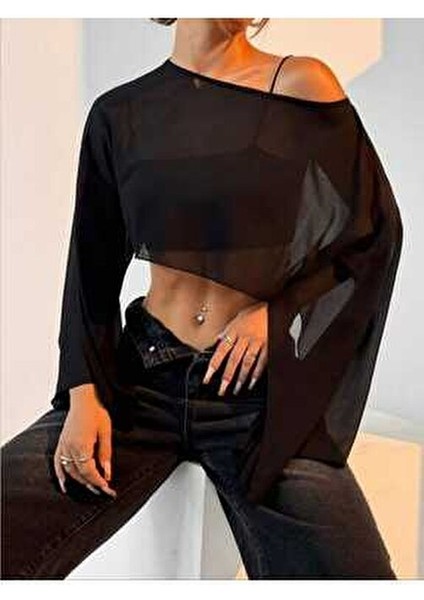 Kadın Yarasa Kollu Dökümlü Geniş Tarz Crop Tül Bluz modelleri
