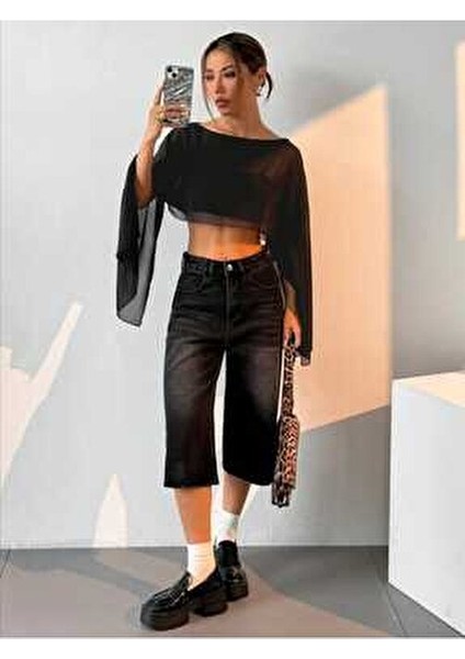 Kadın Yarasa Kollu Dökümlü Geniş Tarz Crop Tül Bluz fırsatları