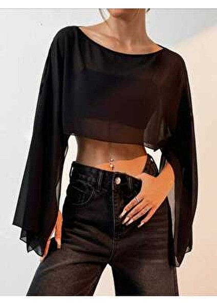 Kadın Yarasa Kollu Dökümlü Geniş Tarz Crop Tül Bluz indirimleri