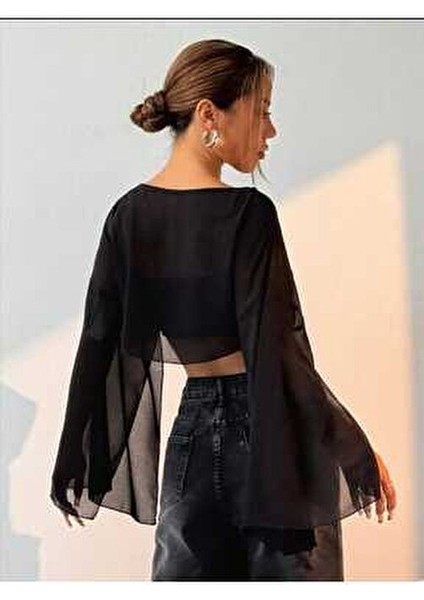 Kadın Yarasa Kollu Dökümlü Geniş Tarz Crop Tül Bluz