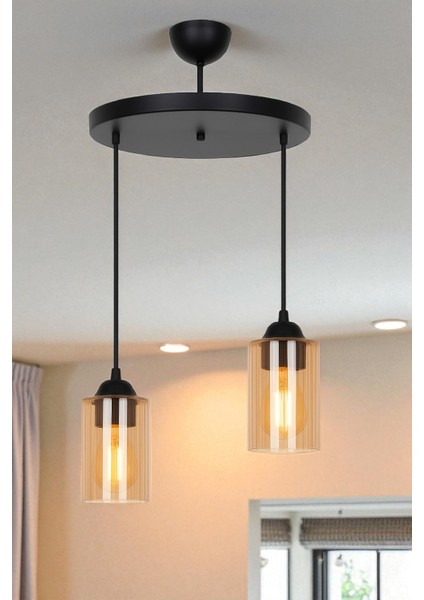 Sarmal 2'li Modern Camlı Sarkıt Avize Siyah Salon-Mutfak