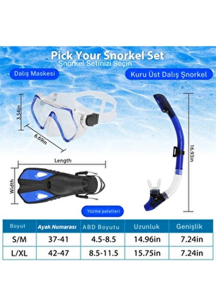 Paletli Şnorkel Seti Tüplü Dalış Ekipmanları Yüzgeç Dalış Gözlüğü Seti 37-41(S-M)42-47(L-Xl) fırsatları
