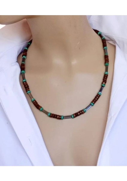 Mi Erkek Doğal Taş Kolye – Gri Hematit Taşı, Ahşap ve Sıkma Doğal Taş Boncuk Detaylı, Kutulu