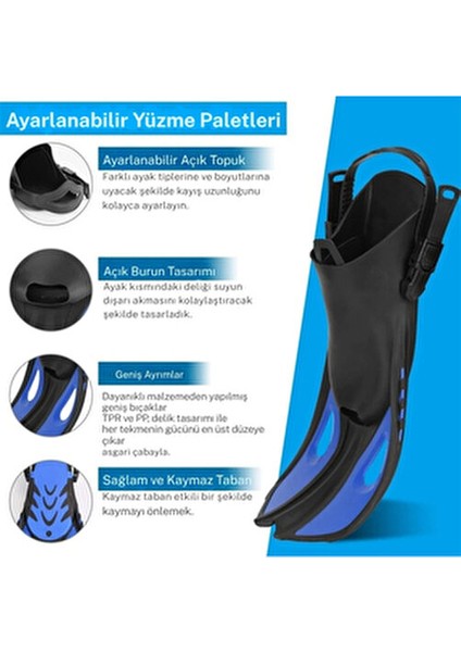 Paletli Şnorkel Seti Tüplü Dalış Ekipmanları Yüzgeç Dalış Gözlüğü Seti 37-41(S-M)42-47(L-Xl)