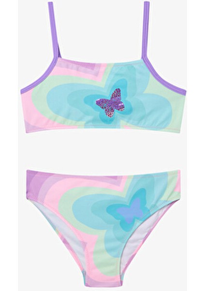 Kız Çocuk Halter Yaka Bikini Takımı Çok Renkli Kelebek Motifli Eğlenceli Tasarım fırsatları