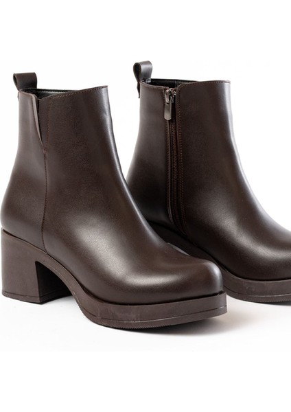 5109-3057 Kahverengi Lastikli Fermuarlı Kalın Topuklu Günlük Kadın Bot indirimleri