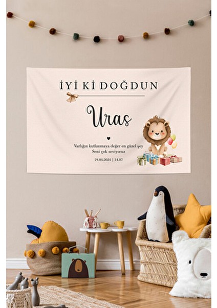 Aslan Temalı Doğum Günü Örtüsü Kişiye Özel Kumaş Happy Birthday Duvar Örtüsü Duvar Panosu Flaması
