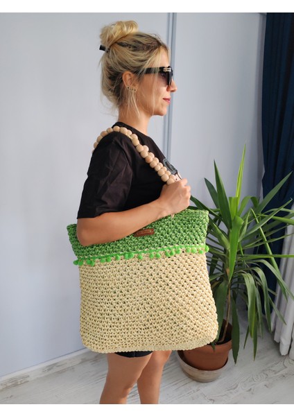 El Yapımı Ekru Yeşil Örgü Kol ve Omuz Çantası