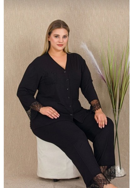 Kadın Büyük Beden Dantel Detaylı Pamuklu Battal Boy Yumuşak Dokulu Pijama Takımı 25021 Siyah