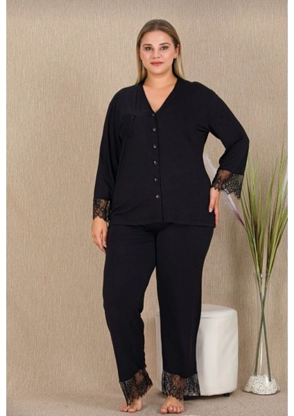 Kadın Büyük Beden Dantel Detaylı Pamuklu Battal Boy Yumuşak Dokulu Pijama Takımı 25021 Siyah fiyatları