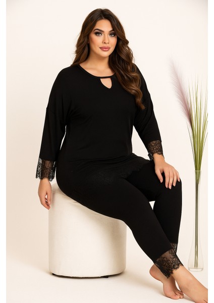 Kadın Büyük Beden Dantel Detaylı Pamuklu Battal Boy Yumuşak Dokulu Pijama Takımı 25021 Siyah