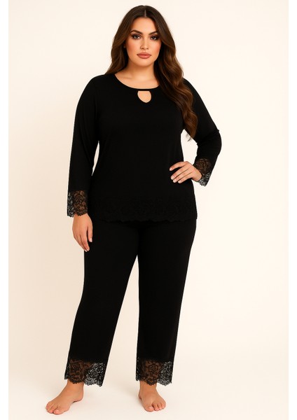 Kadın Büyük Beden Dantel Detaylı Pamuklu Battal Boy Yumuşak Dokulu Pijama Takımı 25021 Siyah fiyatları