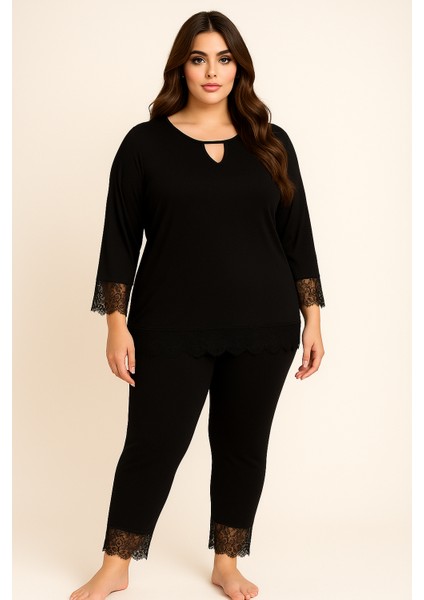 Kadın Büyük Beden Dantel Detaylı Pamuklu Battal Boy Yumuşak Dokulu Pijama Takımı 25021 Siyah modelleri