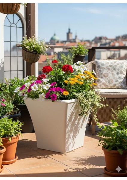 Begonvil 38 cm Bej Yuvarlak 23 Litre Beton Görünümlü Plastik Saksı Drenaj Izgaralı Çiçek Saksısı fiyatları