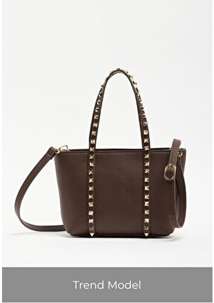 Kahverengi Kadın Zımba Detaylı Pu Deri Tokalı El ve Omuz Çantası