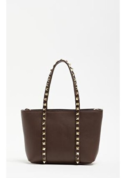 Kahverengi Kadın Zımba Detaylı Pu Deri Tokalı El ve Omuz Çantası modelleri