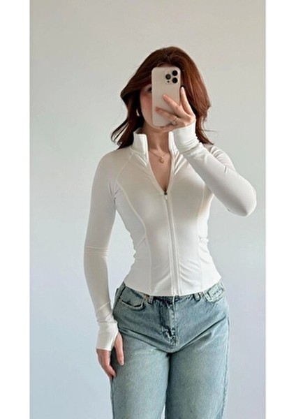 Basic Slim Fit Fermuarlı Bluz Düz Desenli Uzun Kol Beyaz Renk Kumaş