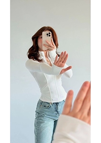 Basic Slim Fit Fermuarlı Bluz Düz Desenli Uzun Kol Beyaz Renk Kumaş fiyatları