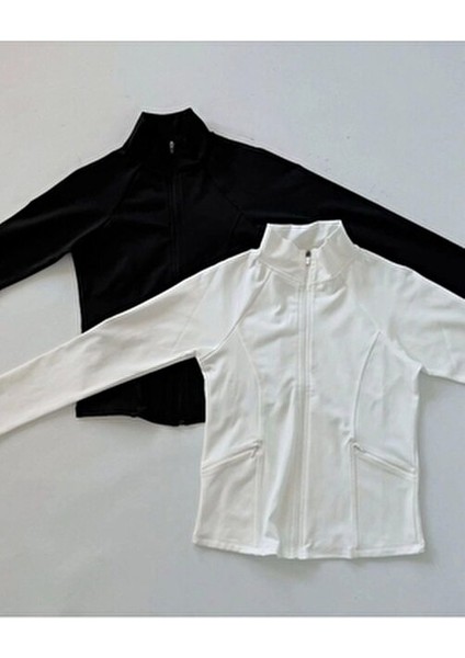 Basic Slim Fit Fermuarlı Bluz Düz Desenli Uzun Kol Beyaz Renk Kumaş