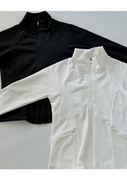 Basic Slim Fit Fermuarlı Bluz Düz Desenli Uzun Kol Beyaz Renk Kumaş