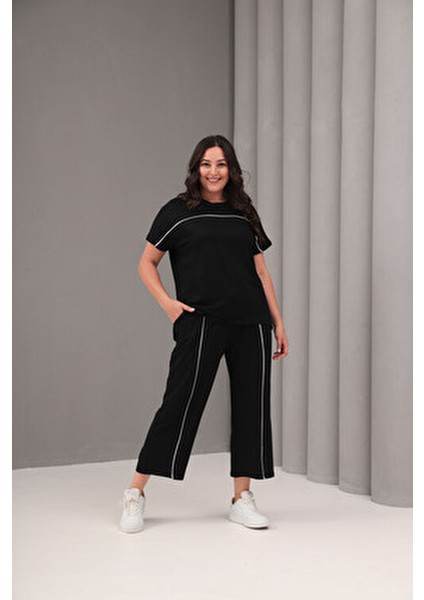 Kadın Büyük Beden Siyah, Bisiklet Yaka, Düşük Kol, Biye Detaylı Kapri Boy Takım 65N39069 modelleri