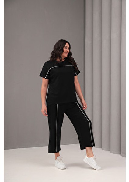 Kadın Büyük Beden Siyah, Bisiklet Yaka, Düşük Kol, Biye Detaylı Kapri Boy Takım 65N39069 fırsatları