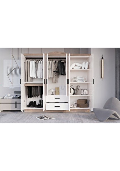 Bianca 6 Kapılı 2 Çekmeceli Gardrop Geniş Dolap & Elbise Dolabı Atlantik Çam & Beyaz indirimleri