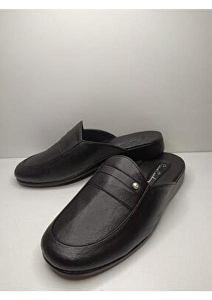 Erkek Siyah Damat Çeyiz Armalı Düz Deri Terlik