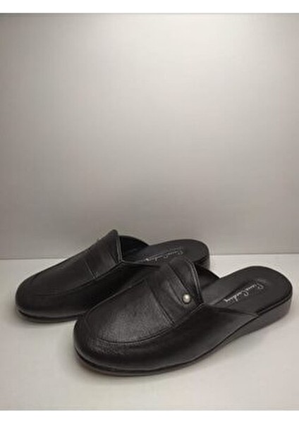 Erkek Siyah Damat Çeyiz Armalı Düz Deri Terlik modelleri