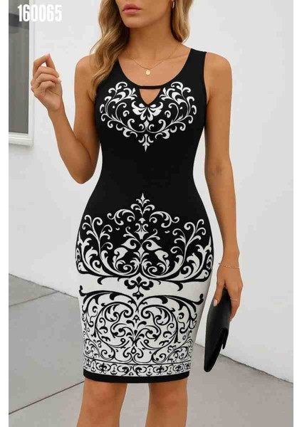 Kadın Askılı V Yakalı Desenli Dalgıç Elbise, Kırmızı Gül Figürlü Kolye Hediye