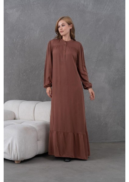Kadın Tesettüre Uygun Uzun Kol Beli Bağcıklı Maxi Boy Rahat Büyük Beden Şık Pamuk Elbise
