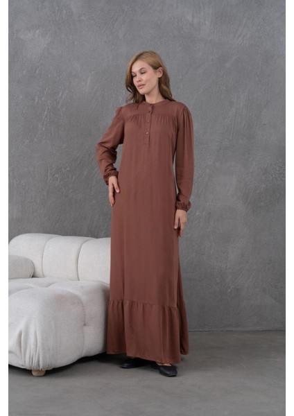 Kadın Tesettüre Uygun Uzun Kol Beli Bağcıklı Maxi Boy Rahat Büyük Beden Şık Pamuk Elbise modelleri