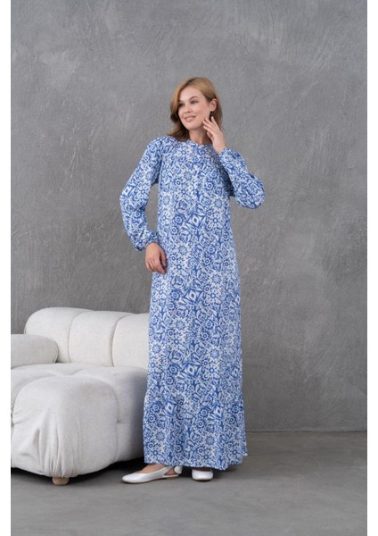 Kadın Tesettüre Uygun Desenli Uzun Kol Beli Bağcıklı Maxi Boy Rahat Büyük Beden Şık Pamuk Elbise