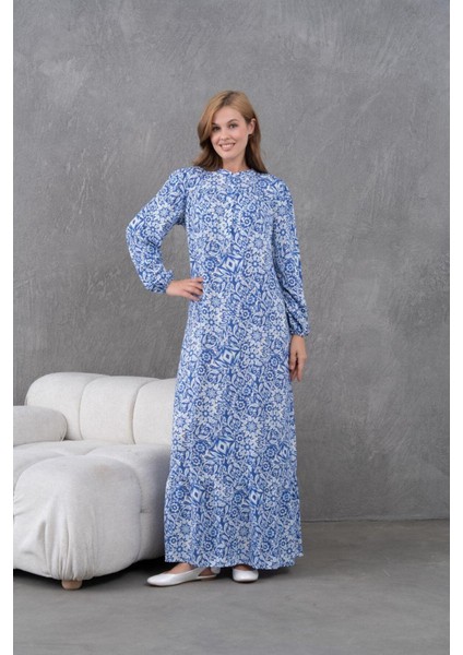Kadın Tesettüre Uygun Desenli Uzun Kol Beli Bağcıklı Maxi Boy Rahat Büyük Beden Şık Pamuk Elbise fiyatları