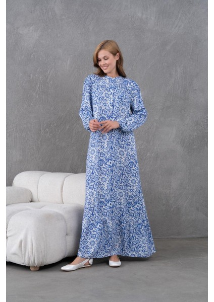 Kadın Tesettüre Uygun Desenli Uzun Kol Beli Bağcıklı Maxi Boy Rahat Büyük Beden Şık Pamuk Elbise modelleri