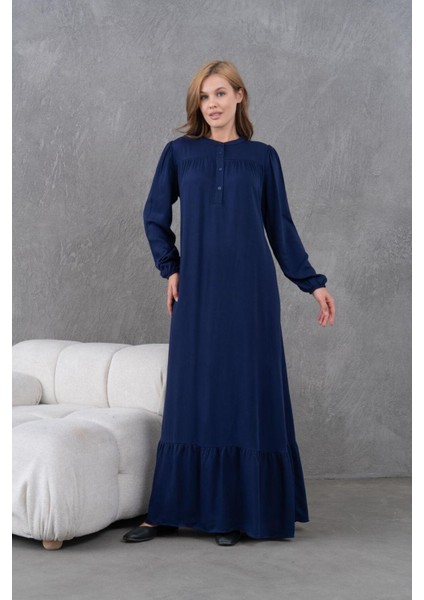 Kadın Tesettüre Uygun Uzun Kol Beli Bağcıklı Maxi Boy Rahat Büyük Beden Şık Pamuk Elbise
