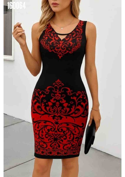 Kadın Askılı V Yakalı Desenli Dalgıç Elbise, Kırmızı Gül Figürlü Kolye Hediye