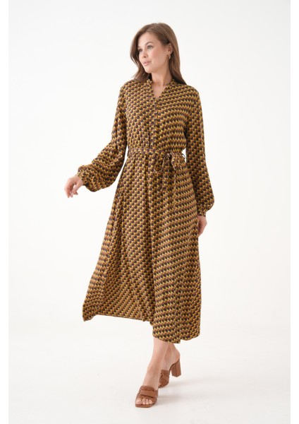 Kadın Bisiklet Yaka Tesettüre Uygun %100 Viscose Maxi Boy Uzun Kol Büyük Beden Curve Yazlık Elbise