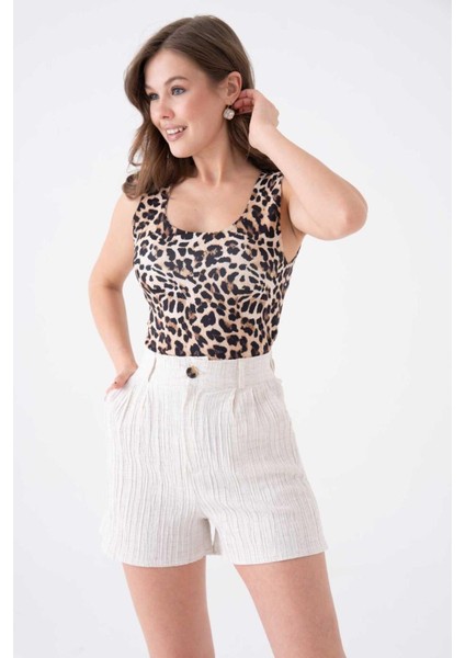 Kadın Pamuk Keten Kendinden Dokulu Yazlık Spor Şık Maya Keten Şort