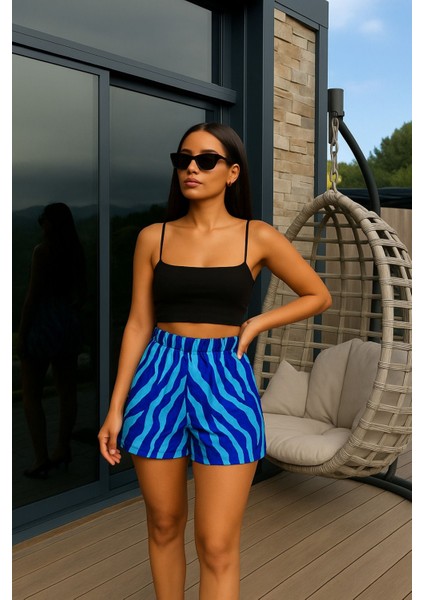 Kadın Yüksek Bel Beli Lastikli Desenli Etek Görünümlü Spor Şık Şort