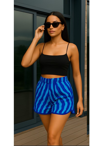 Kadın Yüksek Bel Beli Lastikli Desenli Etek Görünümlü Spor Şık Şort modelleri