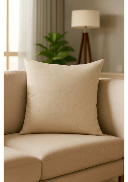 Cream Harmony Krem Dekoratif Kırlent Kılıfı 45X45 cm %100 Keten Kare Fermuarlı Yastık Kılıfı
