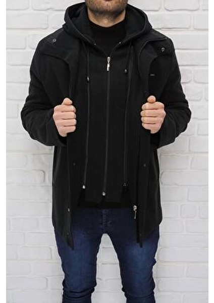 Erkek Siyah Kapüşonlu Yün Karışımlı Kaşe Kaba fiyatları